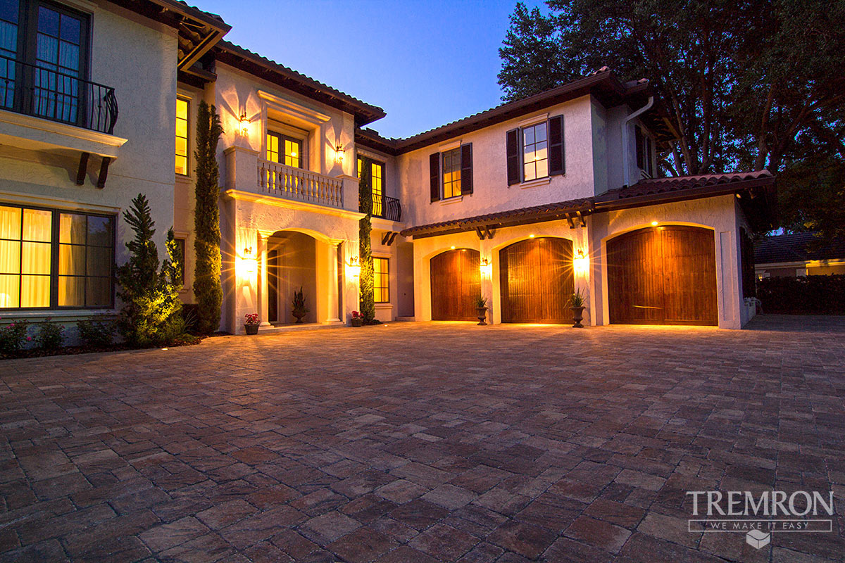 Paver driveway at dusk